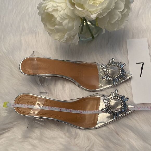 Vinyl Clear Rhinestone Pointed Toe Kitten Heel Slingback Sandals Shoes - Picture 7 of 16